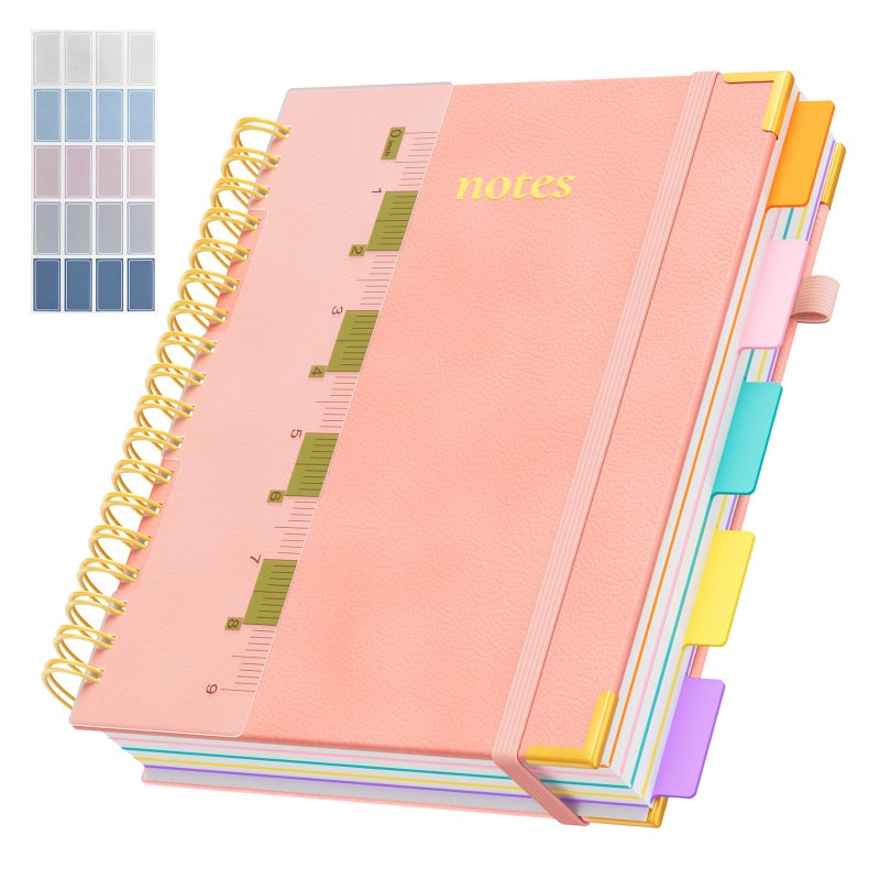 XYark Line Hardcover Spiral Notebook with Removable Dividers Tabs & Ruler, 5 Subject Notebook College Ruled, 300 Page, Large 8"x10" B5 Notebooks for Work School, Lined Journal for Women & Men, Pink - Image 1