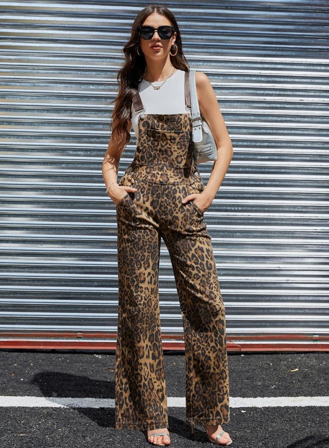 Odefou Leopard Print Overalls for Women Loose Fit Bib Coveralls Fashion Animal Jumpsuits Straight Leg Pants, No.1 Brown Leopard, XXL - Image 4