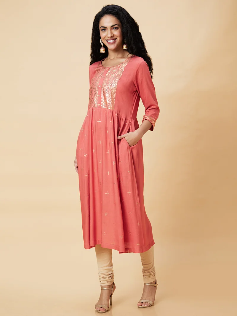 globus Women Coral Floral Flared Sleeves Thread Work Anarkali Kurta