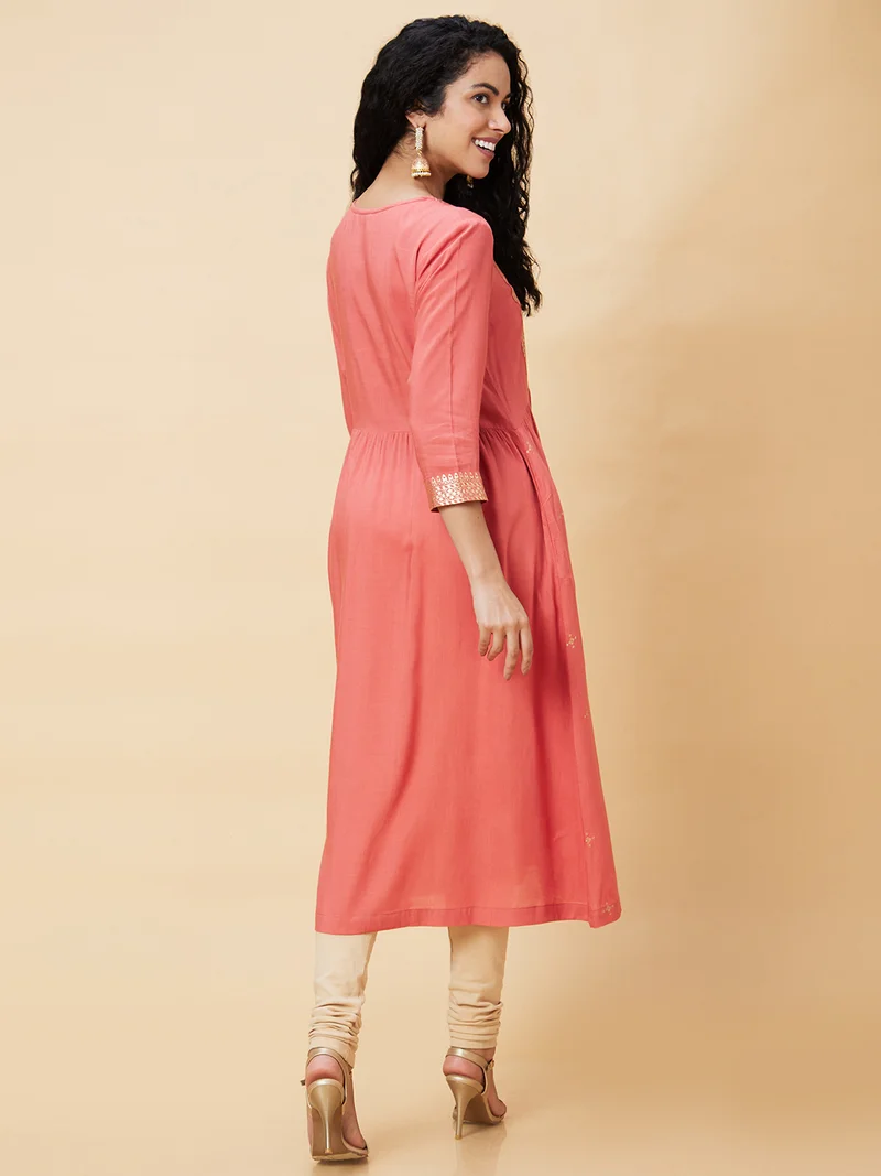 globus Women Coral Floral Flared Sleeves Thread Work Anarkali Kurta