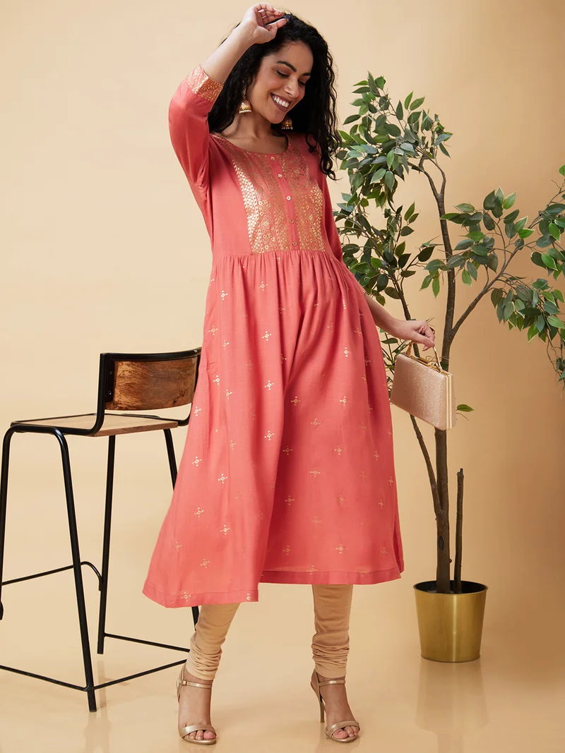 globus Women Coral Floral Flared Sleeves Thread Work Anarkali Kurta