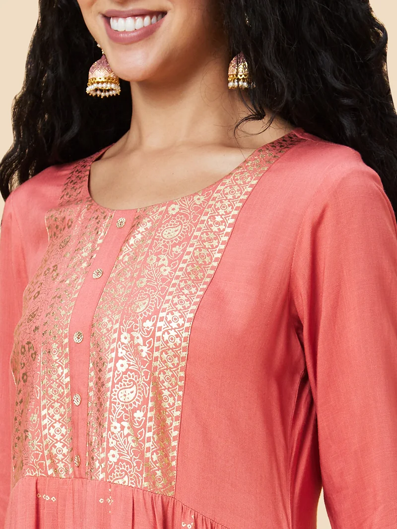 globus Women Coral Floral Flared Sleeves Thread Work Anarkali Kurta