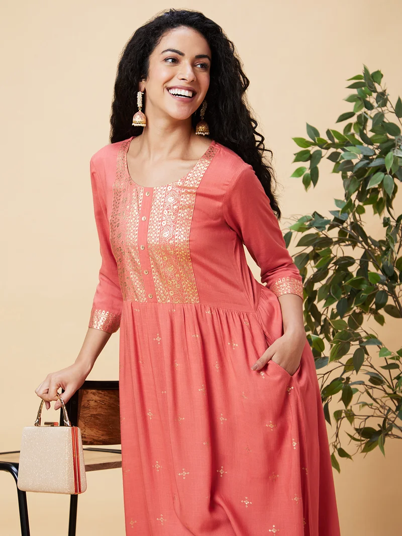 globus Women Coral Floral Flared Sleeves Thread Work Anarkali Kurta