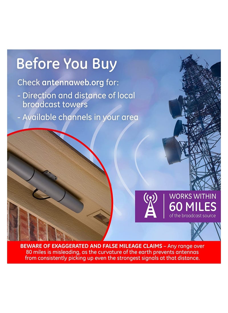 GE - GE Ultra Pro Attic Mount TV Antenna, 60 Mile Range, Outdoor, Stealth, Long Range Antenna, Digital, HDTV Antenna, 4K 1080P VHF UHF, High Definition Future Ready, Amplifier, Signal Booster, 34560 - Image 1