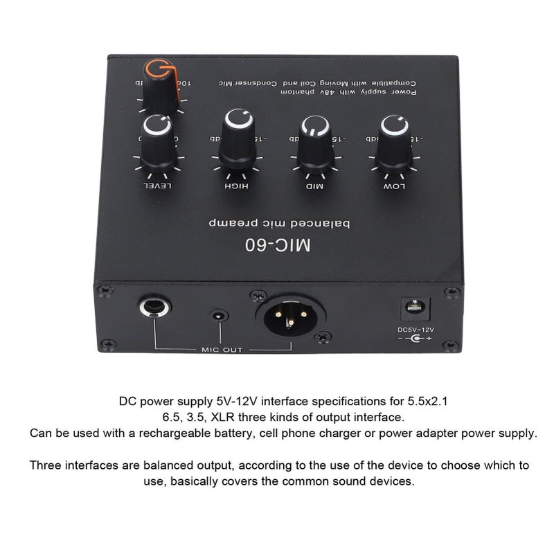 XLR Microphone Preamp With 60 Db Gain 3.5mm 6.5mm Inputs 48V Phantom Power For Dynamic Condenser Mic Home Studio Live Performance - Image 5