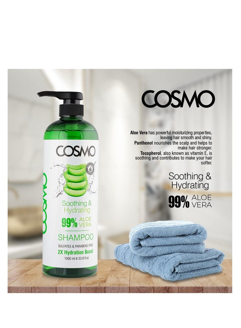 COSMO Cosmo Beauty Soothing & Hydrating 99% Aloe Vera Hair Shampoo 1000ml 33.8 fl.oz For Men & Women, 2X Hydration Boost, Shampoos, Parabens Free, Sulfates Free, Haircare, For All Hairs Type - Image 2