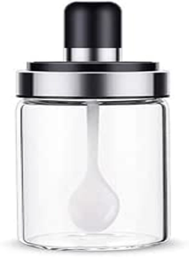 Luximal Borosilicate Airtight Seasoning Glass Jar with Spoon Pickle Jar Set, Salt Jar Containers for Kitchen with Attached Spoon Container for Oil, Ghee, Tea and Sugar (250 Ml, Pack of 2)