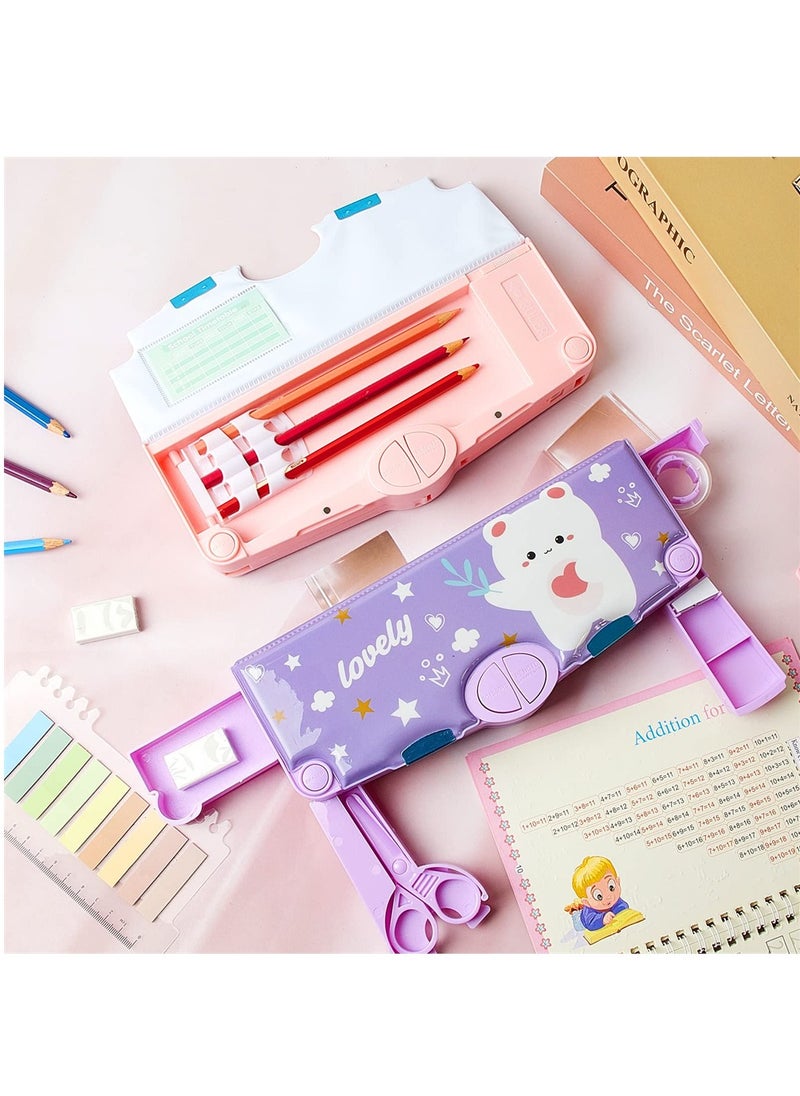 SYOSI - Pencil Case, 2 Pieces Multifunctional Pencil Box for Kids, Pencil Box with Buttons Cartoon Pattern, Stationary Set with Compartments, Scissors and Pencil Sharpener - Image 1