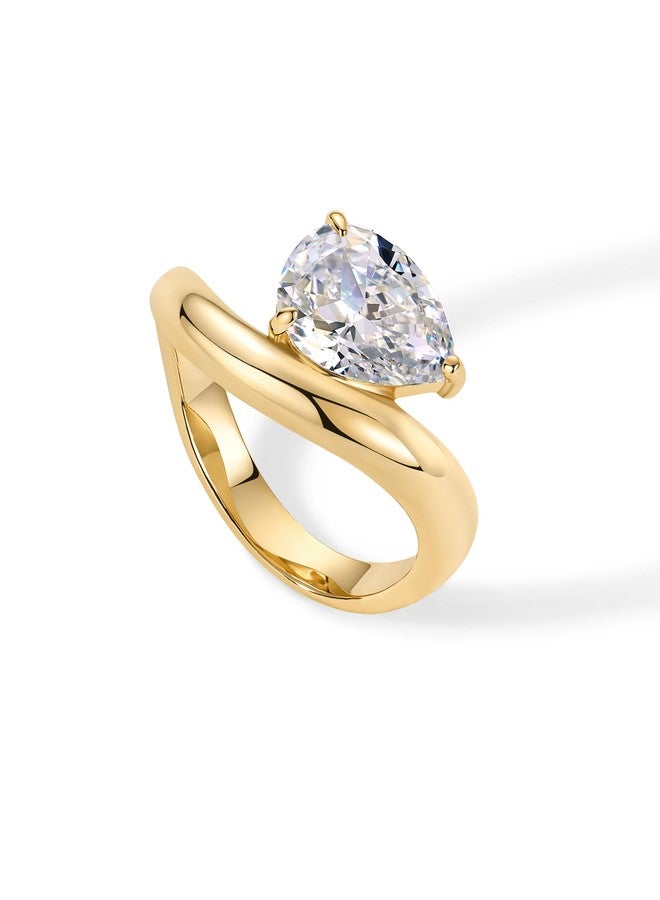 PAVOI 14K Yellow Gold Plated Pear Solitaire Premium Cubic Zirconia Engagement and Promise Ring for Women - Trendy Fake Wedding Ring - Wavy Band - Size 7 - Image 3