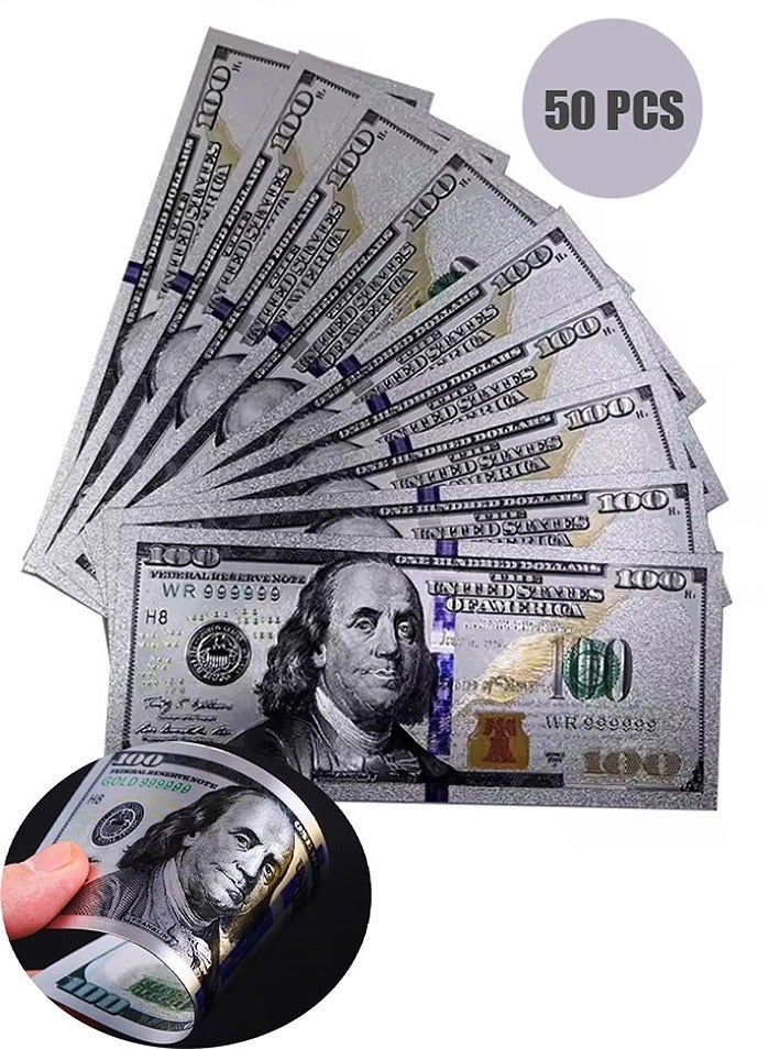 MissTiara 50 Pcs Silver 100 Dollar Bills 100 Gold Foil Banknotes for Party Money Albums Home Decoration - Image 1
