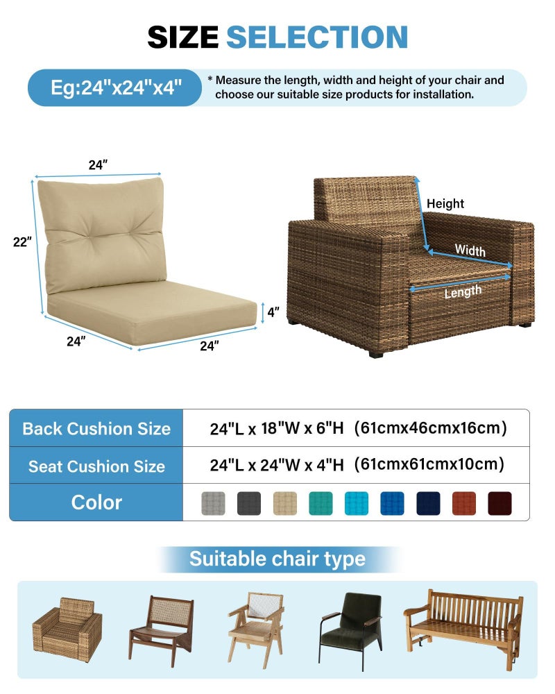 YEFU Olefin Outdoor Chair Cushions: Fade Resistant Outdoor Seat Cushion 24 x 24 - All Weather Patio Furniture Cushion with Ties - Deep Seat Patio Cushions for Chair Sofa Couch(Beige) - Image 2