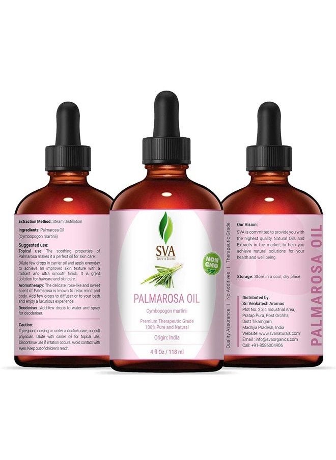 SVA Organics SVA Palmarosa Essential Oil- 118 ml (4 fl. oz.) 100% Pure, Natural & Premium Therapeutic Grade for Supple Skin, Nourished Hair, Aromatherapy & Massage 