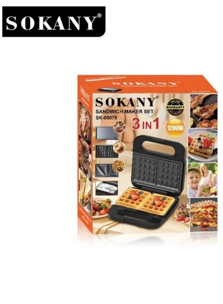 سوكاني ماكينة صنع الوافل 3 في 1 SOKANY SK-08078 لصنع الوافل البلجيكي، وصانعة الساندويتشات بقوة 1200 وات - Image 5