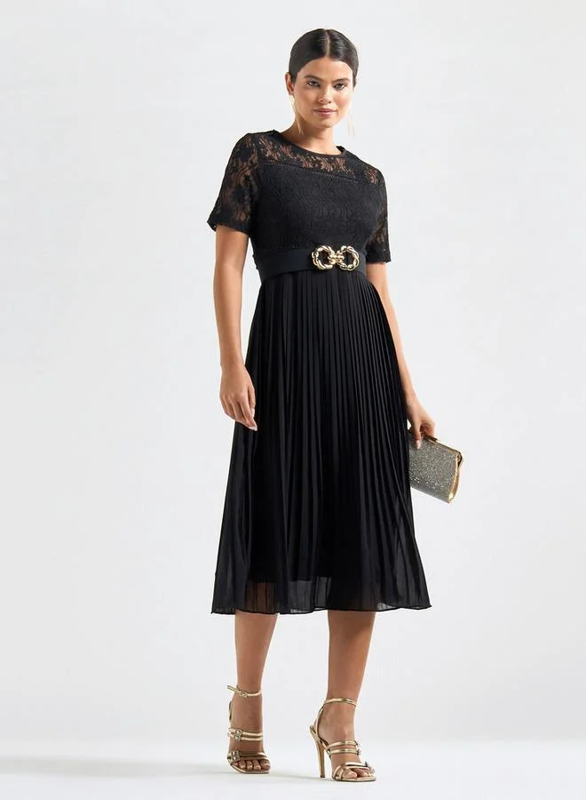 Splash FAV Pleated A-line Midi Dress with Round Neck and Lace Detail