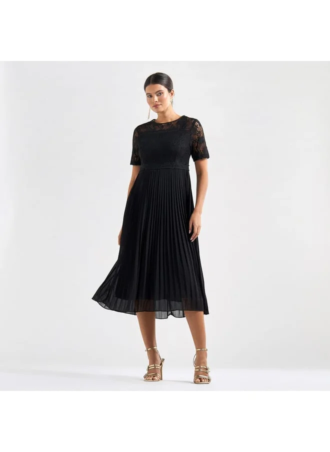 FAV Pleated A-line Midi Dress with Round Neck and Lace Detail