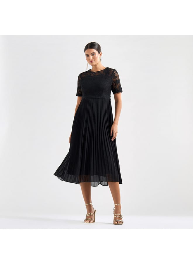 Splash FAV Pleated A-line Midi Dress with Round Neck and Lace Detail  - Image 1