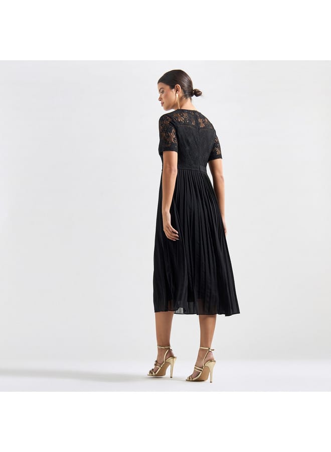 Splash FAV Pleated A-line Midi Dress with Round Neck and Lace Detail  - Image 3