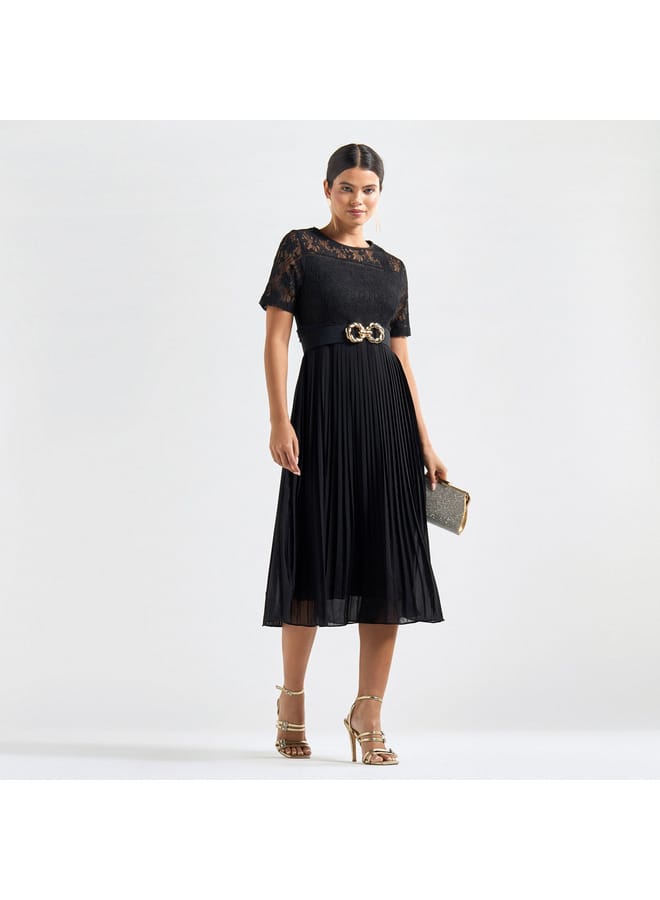 Splash FAV Pleated A-line Midi Dress with Round Neck and Lace Detail  - Image 2