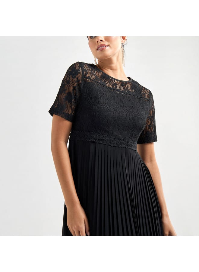 Splash FAV Pleated A-line Midi Dress with Round Neck and Lace Detail  - Image 4
