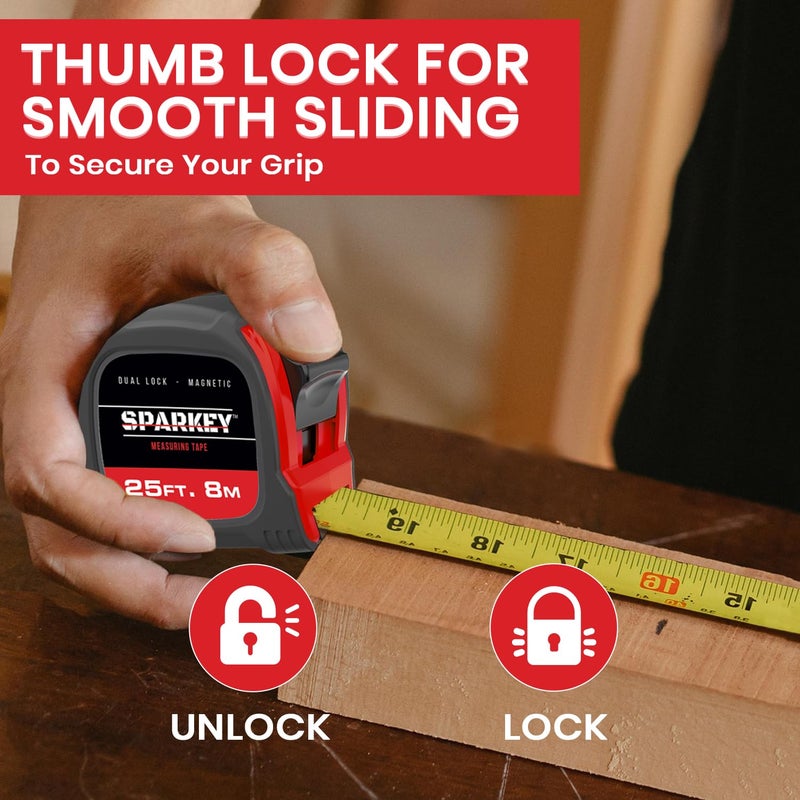 Sparkey 25Ft/8M Retractable Tape Measure With Magnetic Hook  Fractions  Dual Lock  Shock-Absorbing Metric Tool For Construction  Carpentry  And Architecture(Pack Of 1) - Image 3