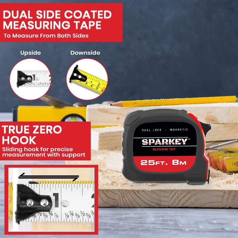Sparkey 25Ft/8M Retractable Tape Measure With Magnetic Hook  Fractions  Dual Lock  Shock-Absorbing Metric Tool For Construction  Carpentry  And Architecture(Pack Of 1) - Image 4