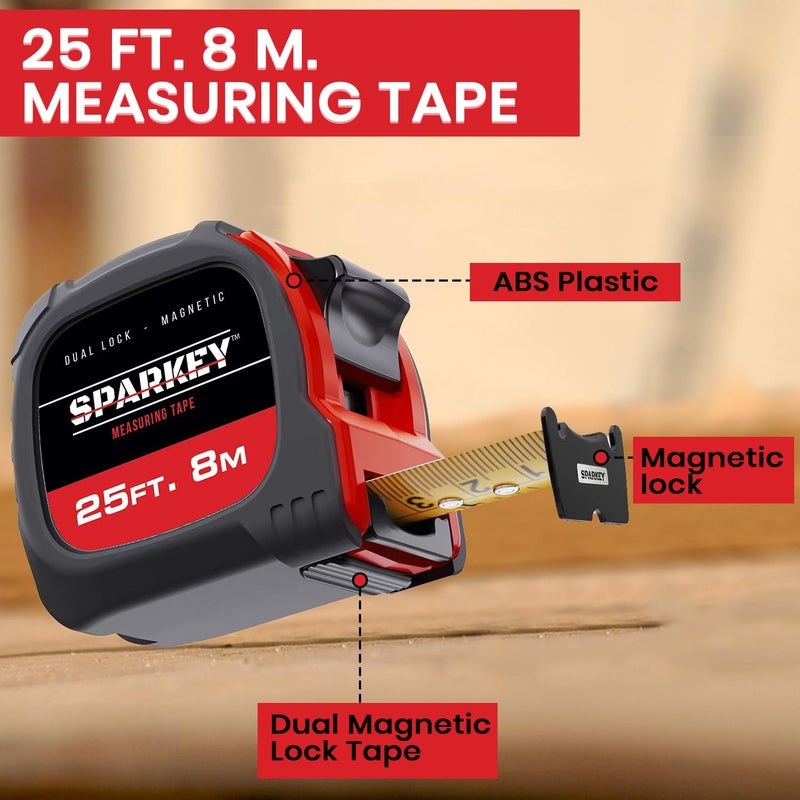 Sparkey 25Ft/8M Retractable Tape Measure With Magnetic Hook  Fractions  Dual Lock  Shock-Absorbing Metric Tool For Construction  Carpentry  And Architecture(Pack Of 1) - Image 2