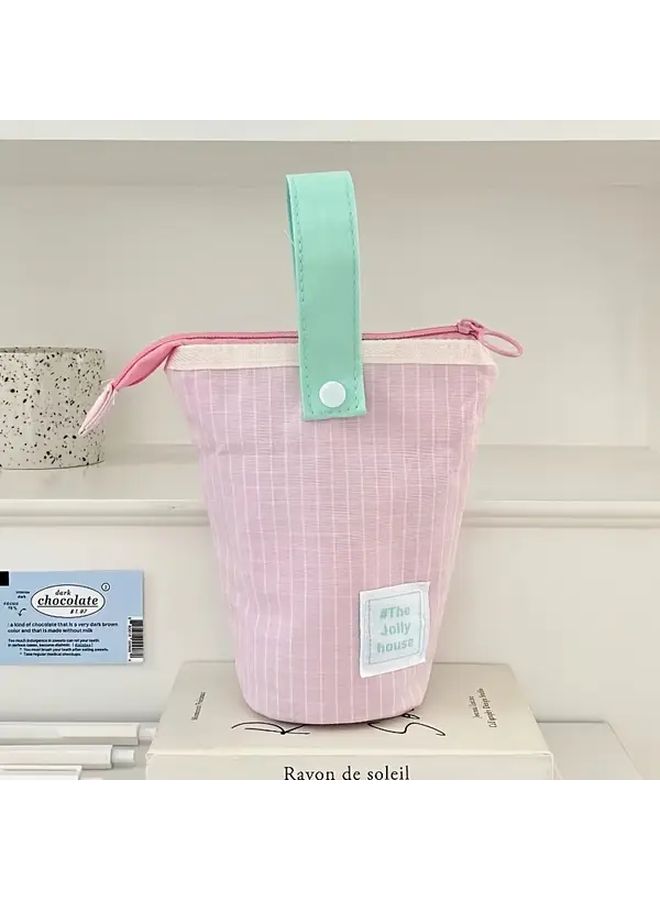 Large Capacity Pink Zippered Pencil Case Fabric Organizer With Multiple Compartments - Image 3