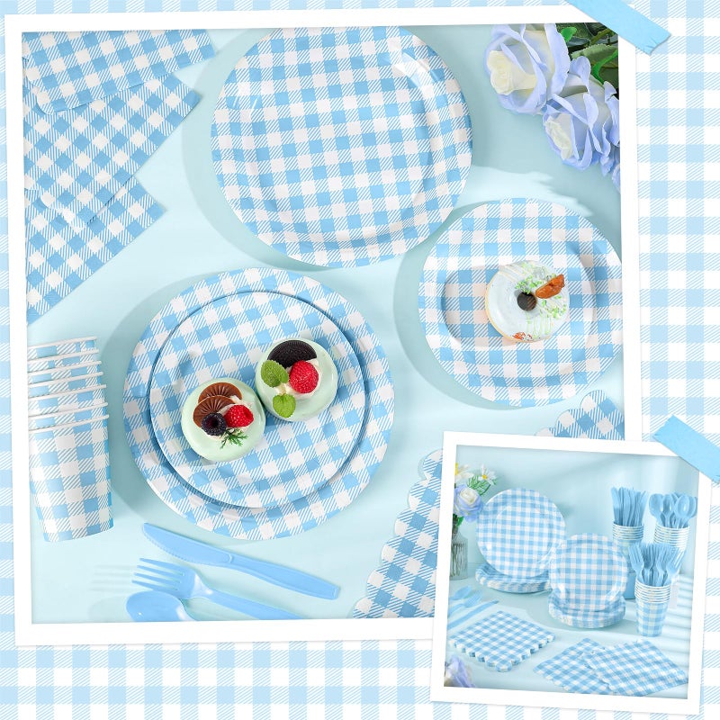 NatNarr 175 Pcs Gingham Paper Plates, Boy Baby Shower Decorations Include Blue Gingham Plates and Napkins Cups Disposable Blue Dinnerware for Picnic, Wedding, Birthday - Image 5