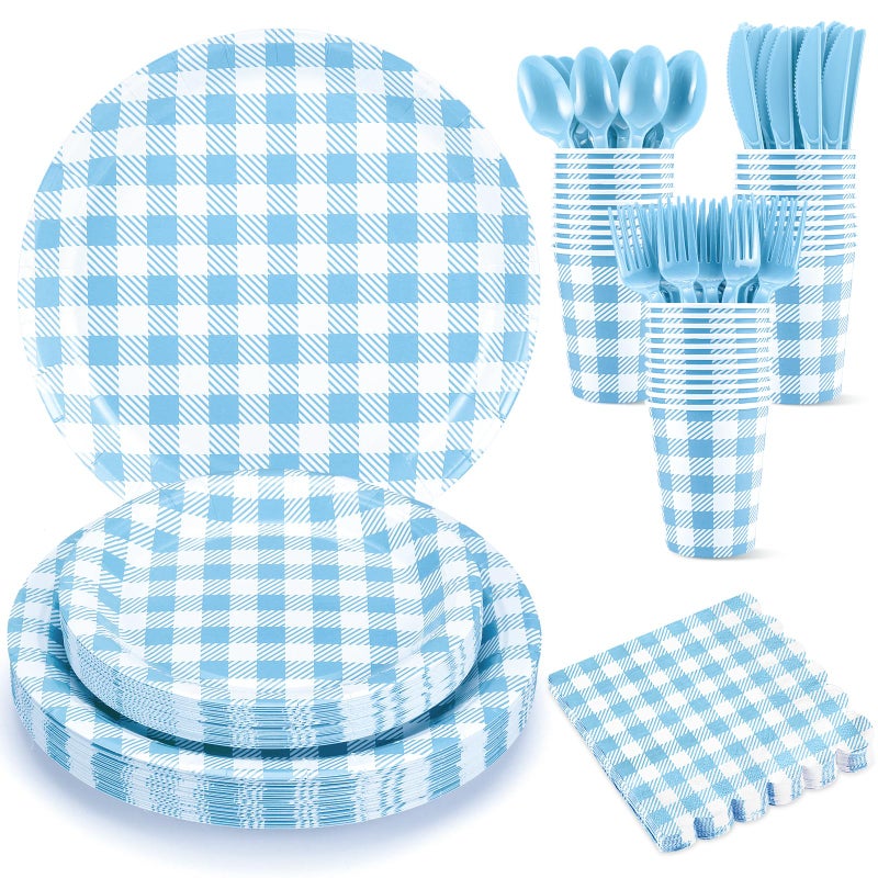 NatNarr 175 Pcs Gingham Paper Plates, Boy Baby Shower Decorations Include Blue Gingham Plates and Napkins Cups Disposable Blue Dinnerware for Picnic, Wedding, Birthday - Image 1