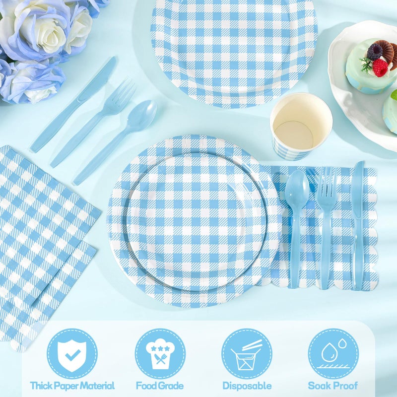 NatNarr 175 Pcs Gingham Paper Plates, Boy Baby Shower Decorations Include Blue Gingham Plates and Napkins Cups Disposable Blue Dinnerware for Picnic, Wedding, Birthday - Image 4