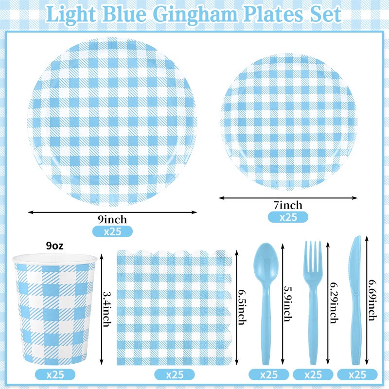 NatNarr 175 Pcs Gingham Paper Plates, Boy Baby Shower Decorations Include Blue Gingham Plates and Napkins Cups Disposable Blue Dinnerware for Picnic, Wedding, Birthday - Image 2
