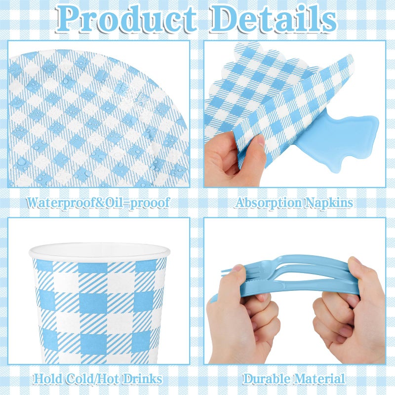 NatNarr 175 Pcs Gingham Paper Plates, Boy Baby Shower Decorations Include Blue Gingham Plates and Napkins Cups Disposable Blue Dinnerware for Picnic, Wedding, Birthday - Image 3