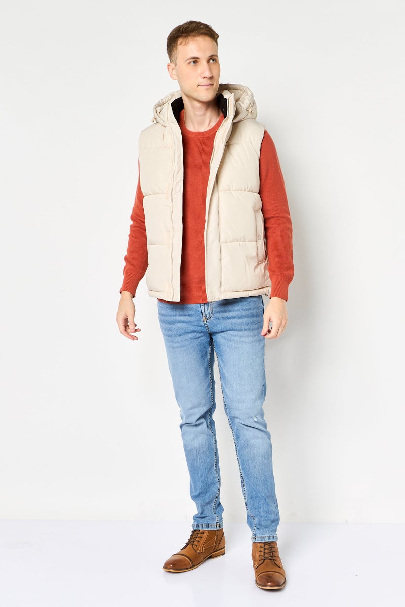 Celio Men Quilted Hooded Puffer Jacket, Beige - Image 2
