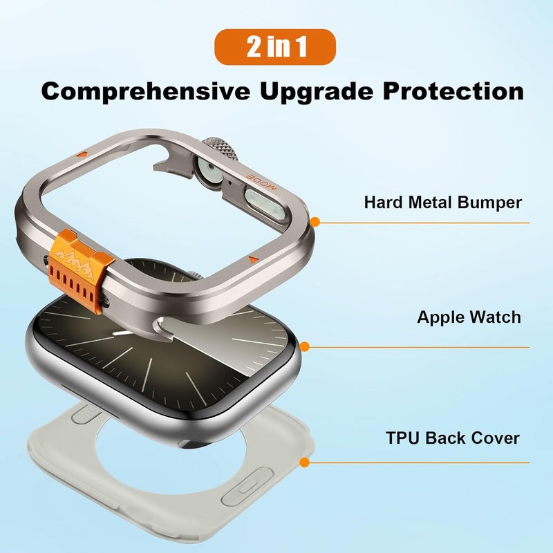 Suphart Metal Bumper Cover Compatible with Apple Watch Series 9/8/7 Case, [Turn 45mm into Ultra Look] Rugged Shockproof Protector with Back Frame for iWatch 45mm, Titanium - Image 2