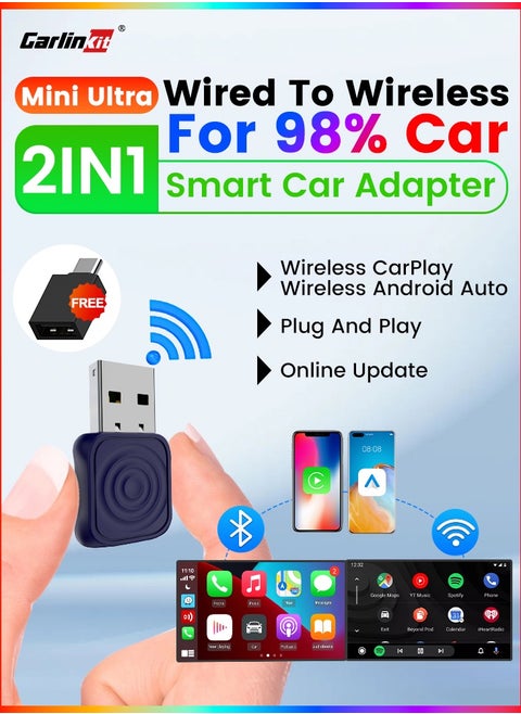 CarlinKit Mini Ultra Wireless USB Dongle Wireless Android Auto & Wireless CarPlay For 98% Cars 2-In-1 Smart Car Adapter