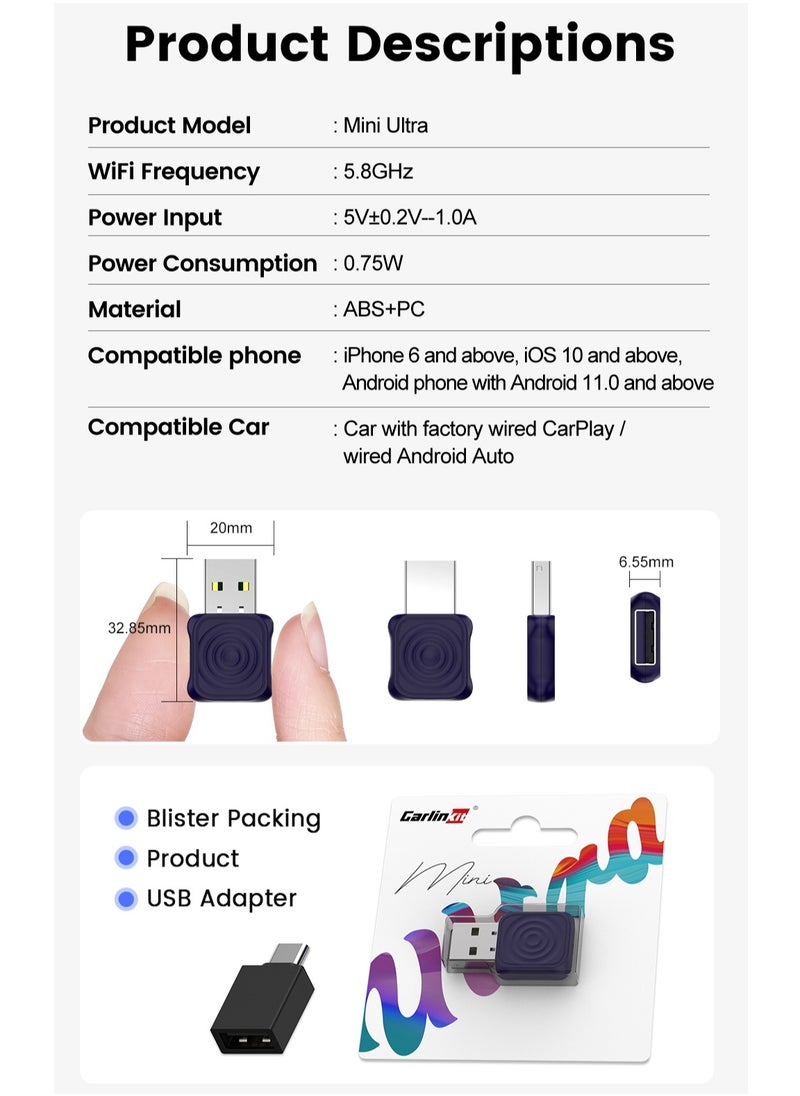 Carlinkit - CarlinKit Mini Ultra Wireless USB Dongle Wireless Android Auto & Wireless CarPlay For 98% Cars 2-In-1 Smart Car Adapter - Image 1