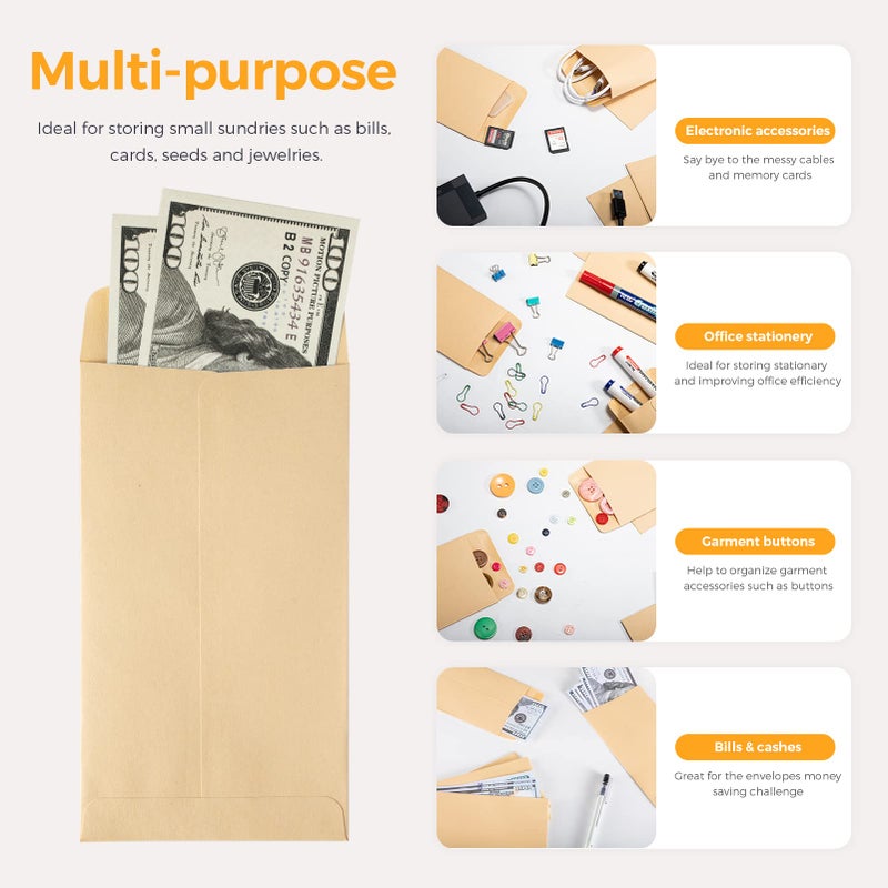 ACSTEP 100 PACK Brown Cash Envelopes 3 1/2 x 6 1/2 for Budgeting, Small Kraft Money Envelopes Self Adhesive for Cash, Coins, Check, Seeds, Money Savings Challenges - Image 3