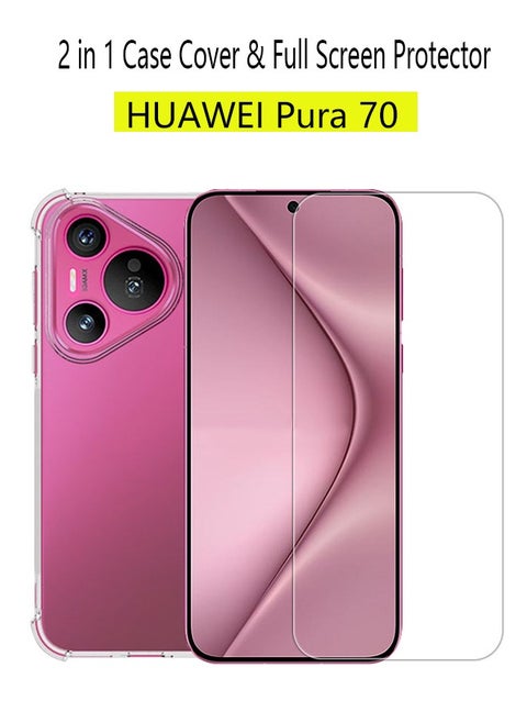 2 in 1 HUAWEI Pura 70 Phone Case Cover & Screen Protector - Shockproof  Slim TPU Protective Phone Cover & Full Coverage Delicate Touch Tempered Glass Screen Protector for HUAWEI Pura 70 .
