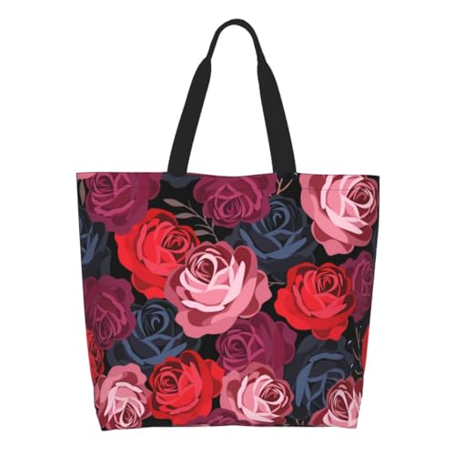 bositigo Rose Print Gym Tote Bags for Women, Cute Rose Print Purse, Reusable Shopping Handbags, Casual Travel Work Daily Waterproof Summer Grocery Bag Holiday Gifts -Large - Image 1