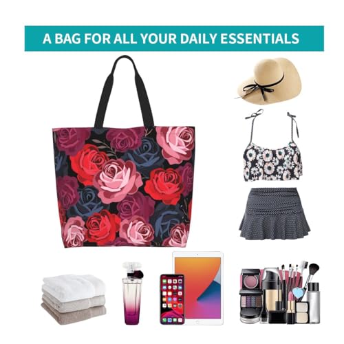 bositigo Rose Print Gym Tote Bags for Women, Cute Rose Print Purse, Reusable Shopping Handbags, Casual Travel Work Daily Waterproof Summer Grocery Bag Holiday Gifts -Large - Image 5