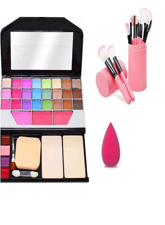Jangra Women's & Girl's TYA 6155 Multicolor Makeup Kit with 12Pcs Pink Makeup Brushes Set and Pink Makeup Sponge Puff - Image 1