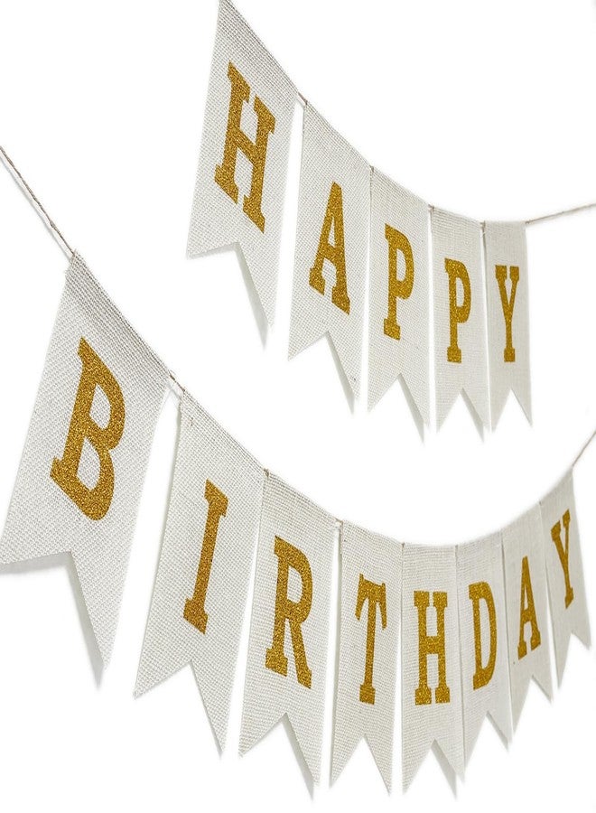 CROWNOS Happy Birthday Banner, Pre-Strung Burlap Happy Birthday Sign Garland, White and Gold Birthday Decorations for Girl Men Women - Image 2