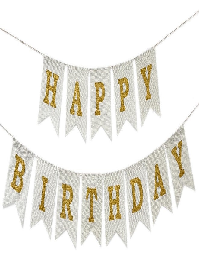 CROWNOS Happy Birthday Banner, Pre-Strung Burlap Happy Birthday Sign Garland, White and Gold Birthday Decorations for Girl Men Women - Image 1
