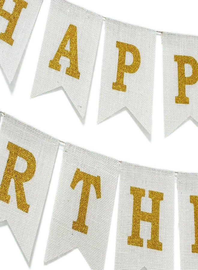 CROWNOS Happy Birthday Banner, Pre-Strung Burlap Happy Birthday Sign Garland, White and Gold Birthday Decorations for Girl Men Women - Image 3