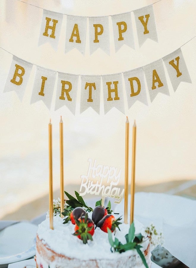 CROWNOS Happy Birthday Banner, Pre-Strung Burlap Happy Birthday Sign Garland, White and Gold Birthday Decorations for Girl Men Women - Image 5