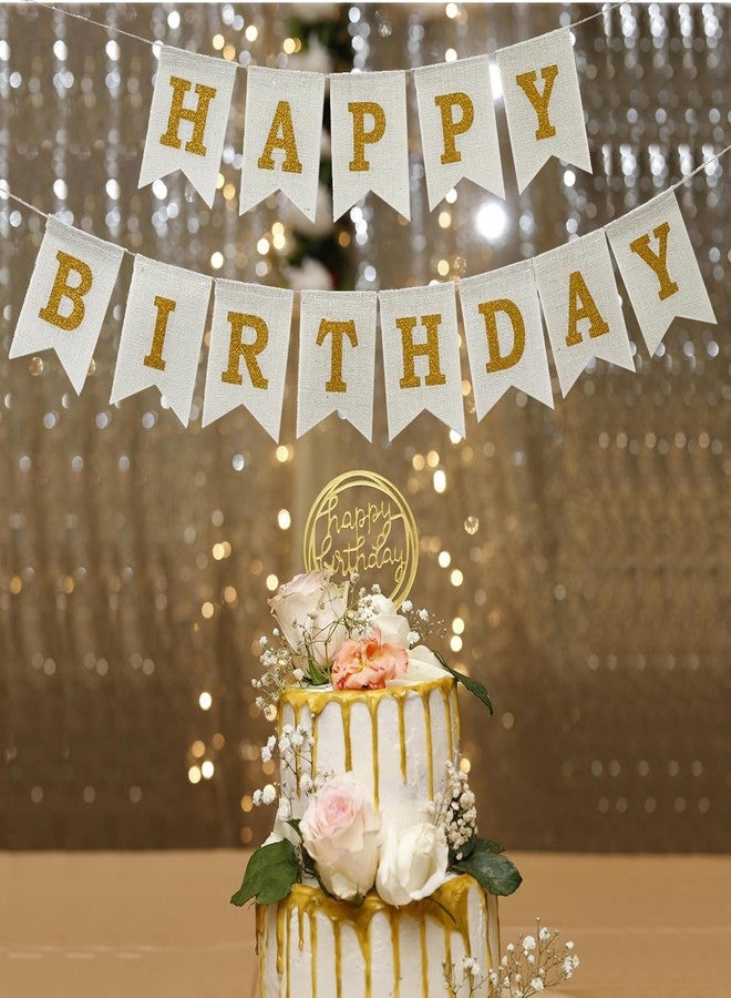 CROWNOS Happy Birthday Banner, Pre-Strung Burlap Happy Birthday Sign Garland, White and Gold Birthday Decorations for Girl Men Women - Image 4