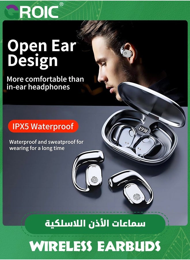GROIC Black Open Ear Headphones, Wireless Earbuds Bluetooth 5.3 Headphones LED Power Display Charging Case 40H Playtime, Premium Sound True Wireless Earbuds Sports Headphones for Running, Cycling, Workouts  - Image 2
