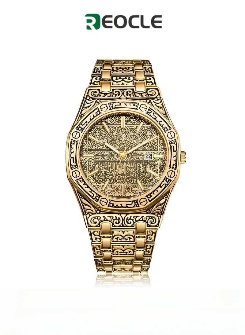REOCLE Men's Analog Quartz Watch Retro Wrist Watch with Engraved Design & Stainless Steel Band & Calendar Function & Daily Waterproof - Image 1