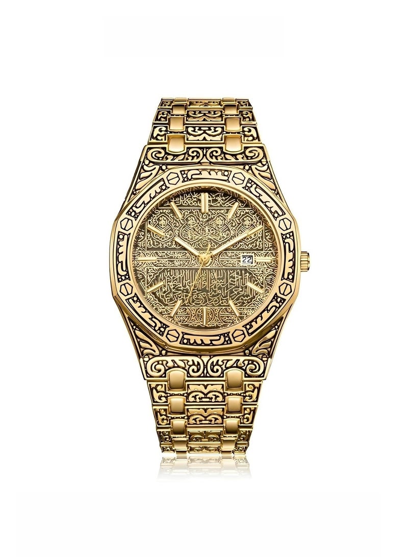REOCLE Men's Analog Quartz Watch Retro Wrist Watch with Engraved Design & Stainless Steel Band & Calendar Function & Daily Waterproof - Image 2