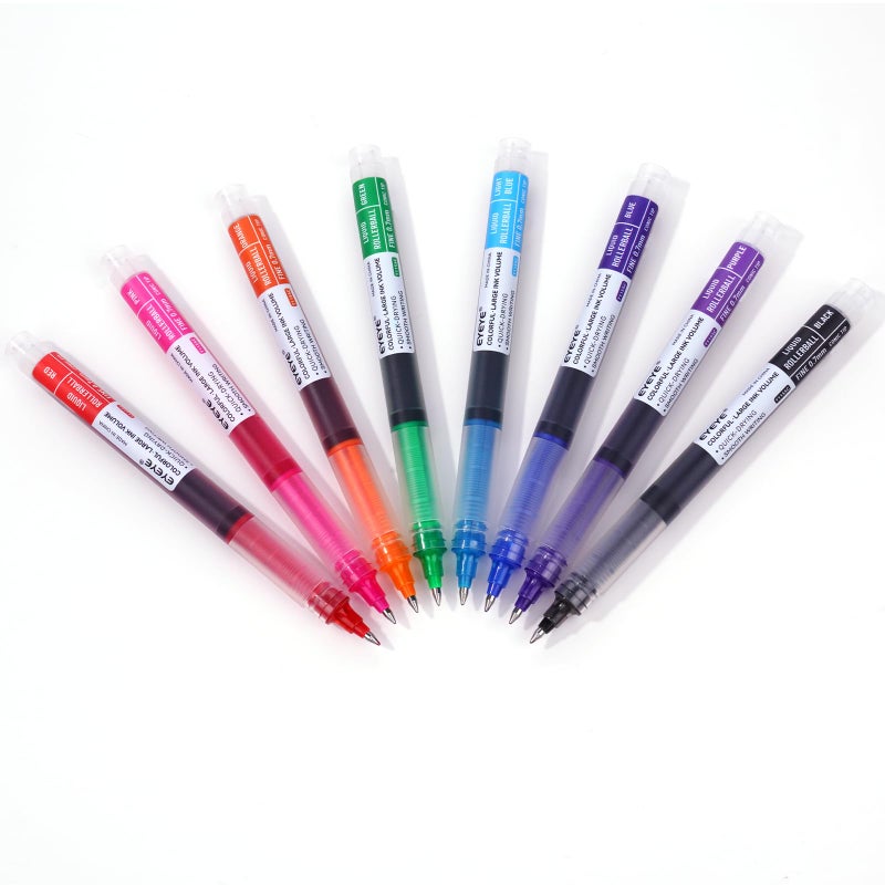 EYEYE 8 Assorted Colors 1.0mm Rollerball Pens, Multicolor Bold Point Pen Quick Dry, Liquid Ink Pen Fine Point Smooth Writing Pens for Journaling, Note Taking, Office, School, Doodling & Gifts - Image 5